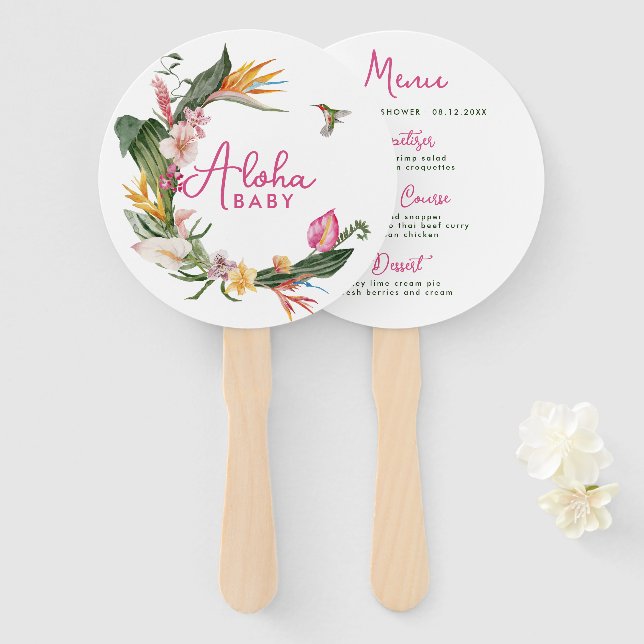 Aloha Baby Tropical Wreath Baby Shower Menu Hand Fan (Front and Back)