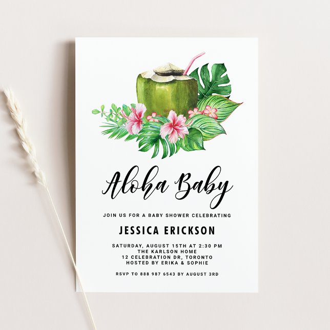 Aloha Baby Watercolor Coconut Summer Baby Shower Invitation (Creator Uploaded)