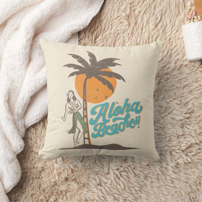 Aloha Beaches Hula Girl Hawaii Hawaiian Retro Throw Pillow (Blanket)