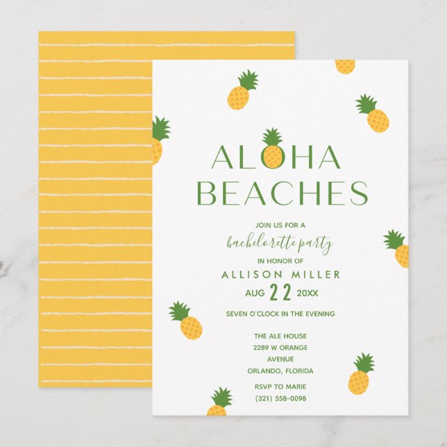 Aloha Beaches Pineapple Bachelorette Party Invitation (Front/Back)