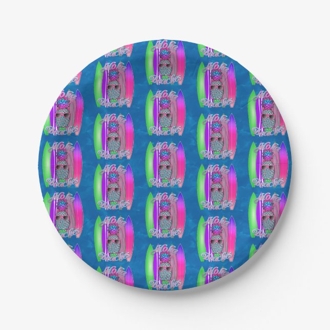 Aloha Beaches Summer Surfing Pineapple Paper Plate (Front)