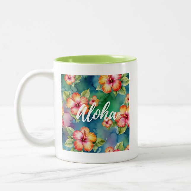 Aloha beautiful hibiscus flower pattern Hawaii  Two-Tone Coffee Mug (Left)