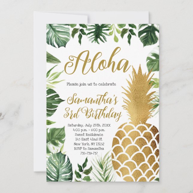 Aloha Birthday Luau Hawaiian Gold Pineapple Party Invitation (Front)