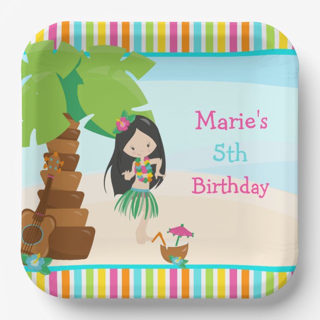 Aloha Black Hair Girl Party Paper Plate (Front)