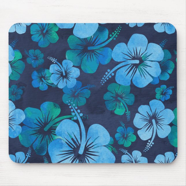 Aloha Blue Hawaiian Hibiscus Floral Print Mouse Pad (Front)