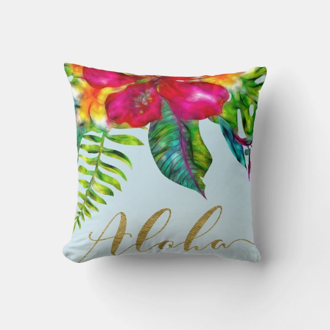 Aloha Bright Electric Pop Tropical Floral Throw Pillow (Front)