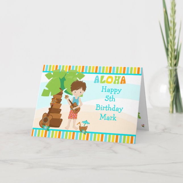 Aloha Brown Hair Boy Birthday Card (Front)