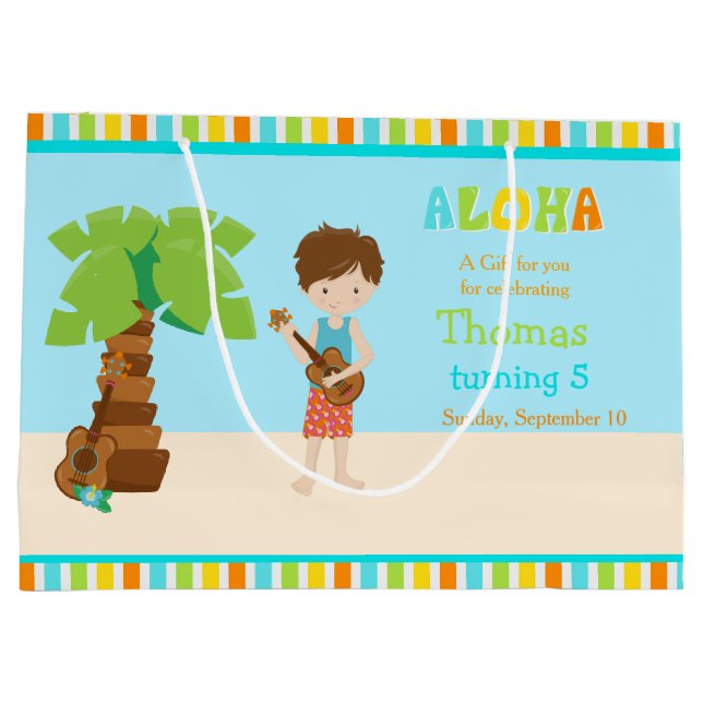Aloha Brunette Boy Thank You Large Gift Bag (Back)