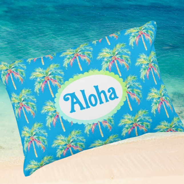 Aloha Caribbean Blue Tropical Palm Tree  Accent Pillow (Perfect tropical accent pillow can be personalized!)