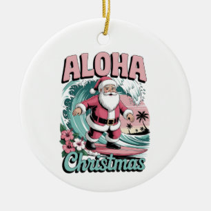 Aloha Christmas Hawaii Santa Surfing Tropical Ceramic Ornament