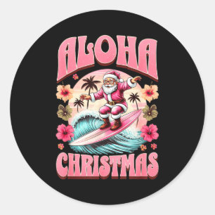 Aloha Christmas Santa Claus Surfing Hawaiian Mele Classic Round Sticker