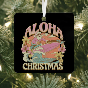 Aloha Christmas Surfing Santa Hawaiian Kalikimaka  Metal Ornament