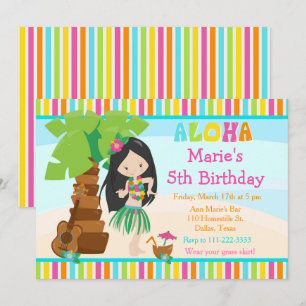 Aloha Cute Black Hair Girl Birthday Party Invitation