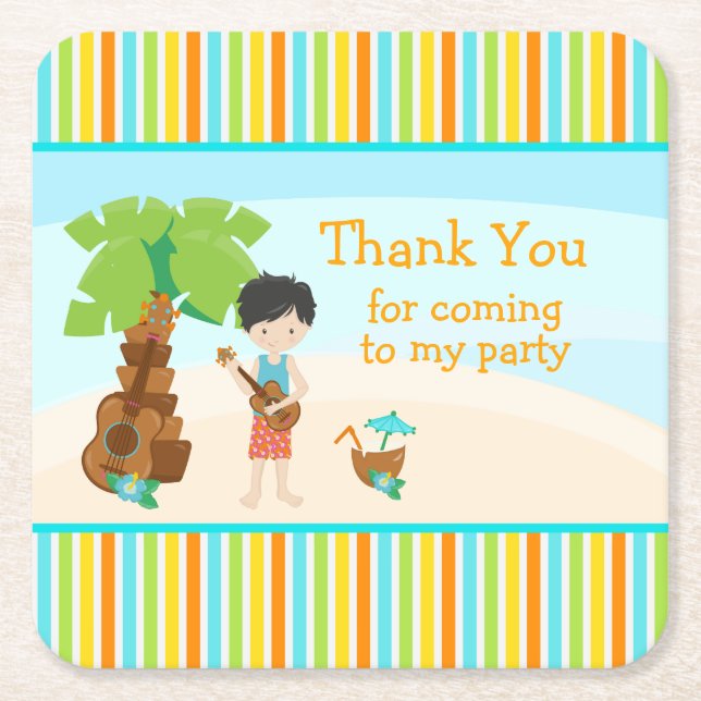 Aloha Cute Black Hair 'Thank you for coming' Square Paper Coaster (Front)
