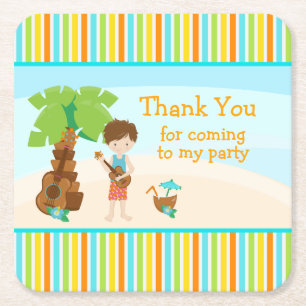 Aloha Cute Brown Hair 'Thank you for coming' Square Paper Coaster