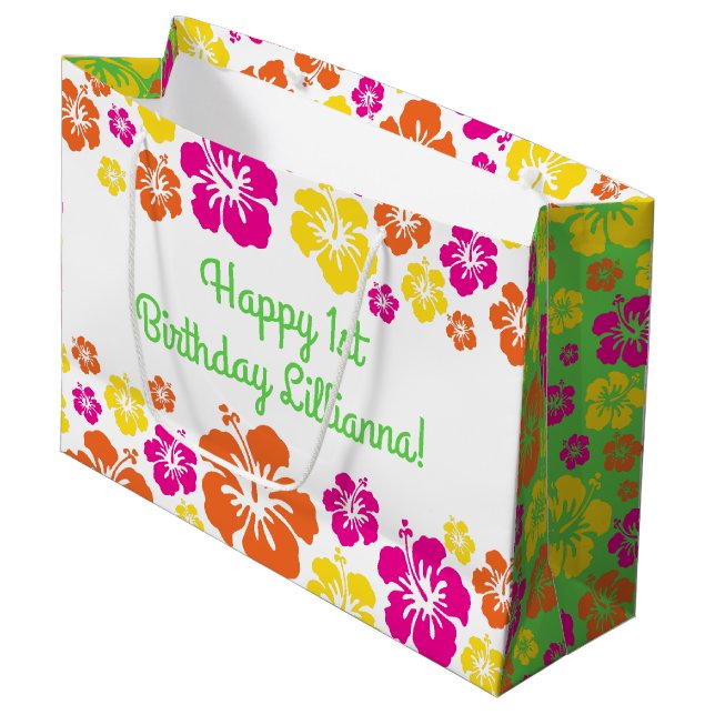 Aloha Cute Hawaiian 1st Birthday Party Theme Large Gift Bag (Front Angled)