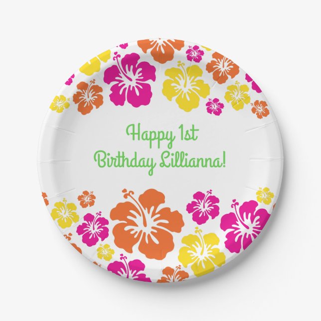 Aloha Cute Hawaiian 1st Birthday Party Theme Paper Plate (Front)