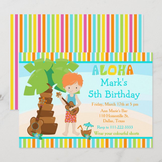 Aloha Cute Red haired Boy Birthday Party Invitation (Front/Back)