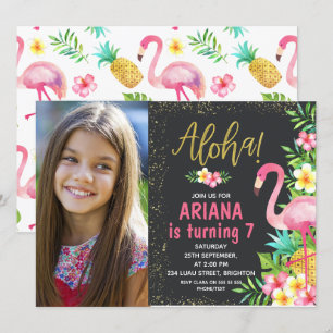 Aloha Flamant rose Photo Tropicale Invitation Anni