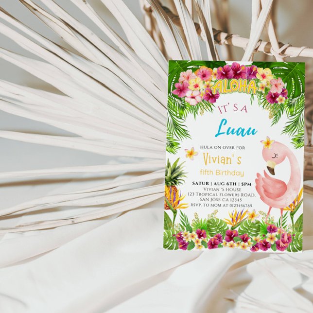Aloha Flamingo Girl Birthday | Tropical Luau Party Invitation (Creator Uploaded)