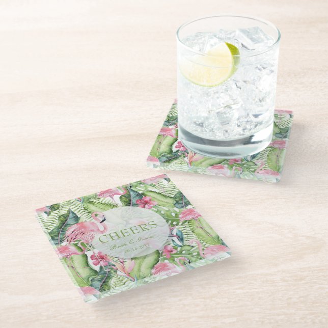Aloha Flamingo Tropical Beach Wedding Glass Coaster (Angled)