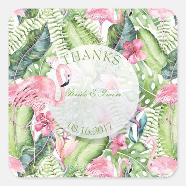 Aloha Flamingo Tropical Beach Wedding Thanks Square Sticker (Front)
