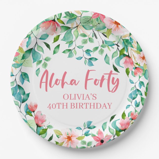 Aloha Forty Tropical Luau Birthday Paper Plate (Front)