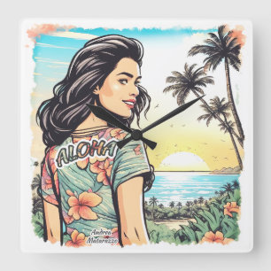 Aloha Girl Square Wall Clock