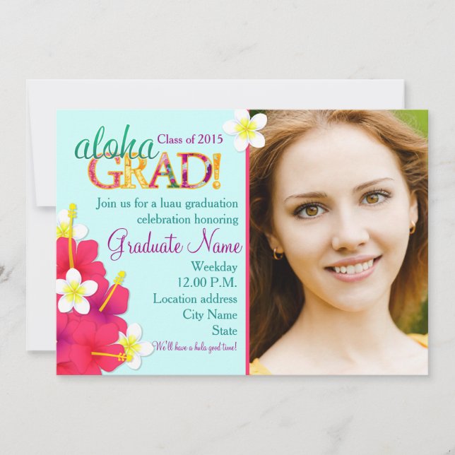 Aloha GRAD Graduation Luau Floral Party Invitation (Front)