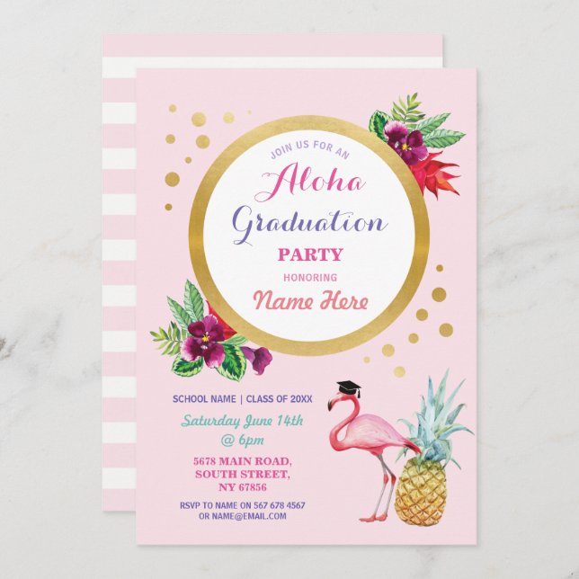 Aloha Graduation Party Flamant rose Invitation tro (Devant / Derrière)