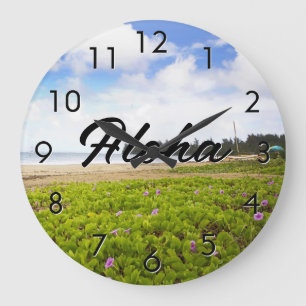 Aloha Hanalei Bay, Kauai Hawaii Beach / Your Text  Large Clock
