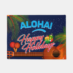 ALOHA Happy Holidays with Ukulele and Palm Doormat