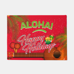 ALOHA Happy Holidays with Ukulele and Palm Doormat
