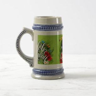 Aloha Hawaii Flowers Foliage Butterflies Yellow Beer Stein