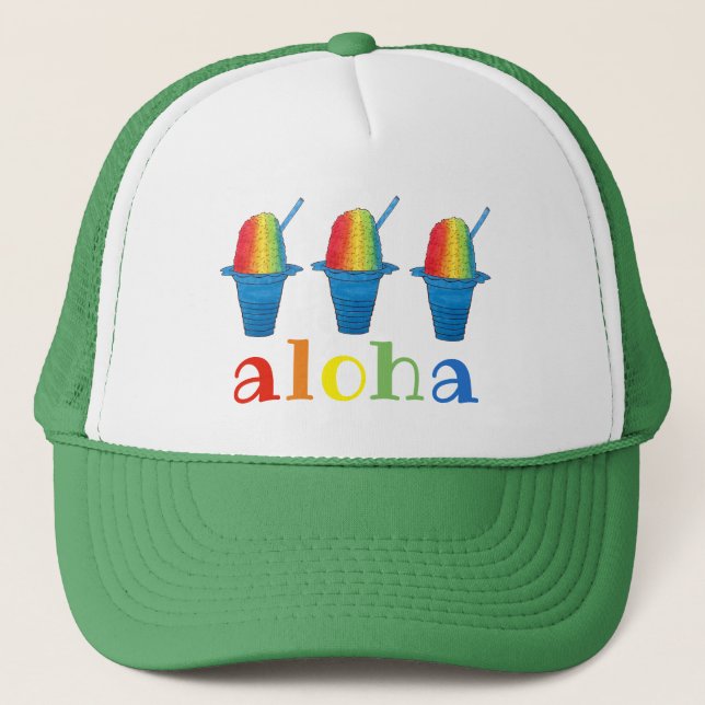 ALOHA Hawaii Hawaiian Rainbow Shave Shaved Ice Trucker Hat (Front)