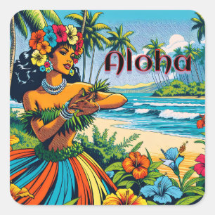 Aloha   Hawaii Hula Dancer on the Beach Square Sticker