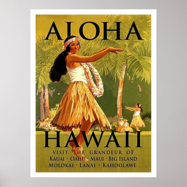 Aloha Hawaii, hula girl dance, vintage travel Poster (Front)