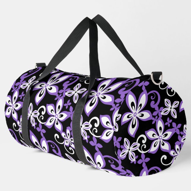 ALOHA HAWAII PATTERN IN BLACK/LAVENDER DUFFLE BAG (Left Corner)