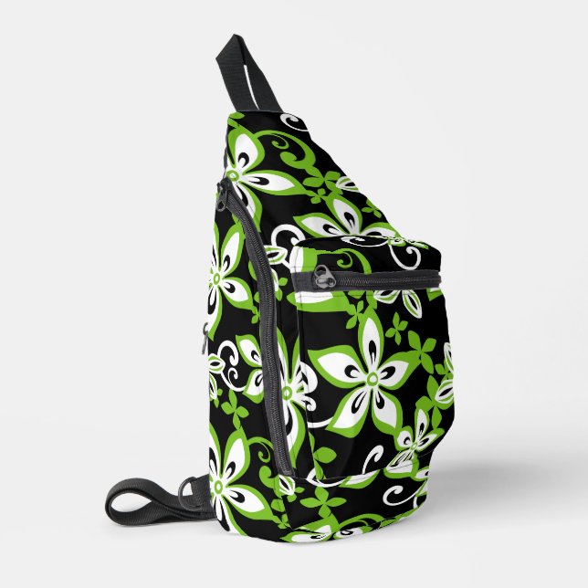 ALOHA HAWAII PATTERN IN BLACK/LIME SLING BAG (Left Corner)