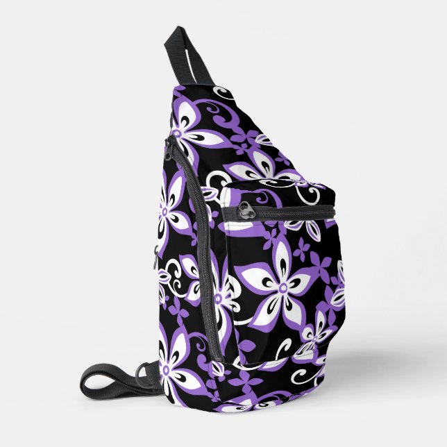 ALOHA HAWAII PATTERN IN BLACK/PURPLE SLING BAG (Left Corner)