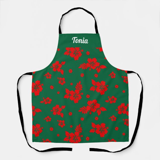Aloha Hawaii Red on Green Christmas Pattern Apron (Front)