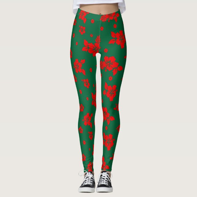 Aloha Hawaii Red on Green Christmas Pattern Leggings (Front)