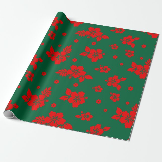 Aloha Hawaii Red on Green Christmas Pattern Wrapping Paper (Unrolled)