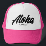 Aloha Hawaii script typography custom colour Trucker Hat<br><div class="desc">Aloha Hawaii brush script typography custom colour Trucker Hat. Custom black and white baseball cap for summer, beach, casual wear, sports, travel, golf and more. Stylish hand lettering design for men and women. Available in other cool colours too. Add your own American state or text optionally. Fun Birthday gift idea...</div>