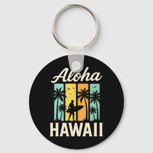 Aloha Hawaii - Surfing Beach Palm Tree Sunset Keychain