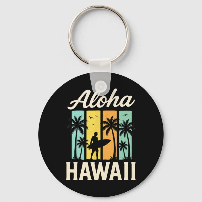 Aloha Hawaii - Surfing Beach Palm Tree Sunset  Keychain (Front)