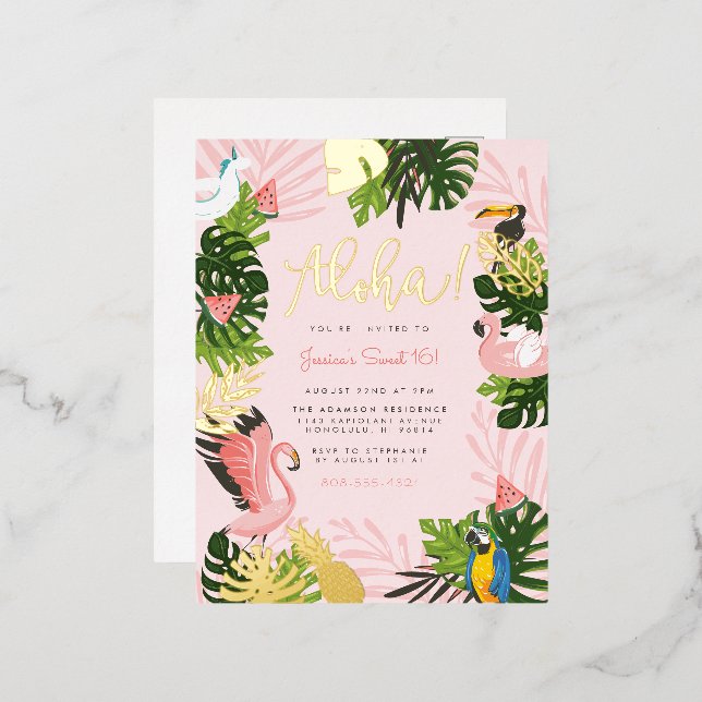 Aloha Hawaii Tropical Summer Gold Birthday Party Foil Invitation Postcard (Front/Back)