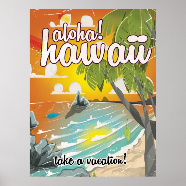 Aloha! Hawaii! vintage travel poster cartoon (Front)