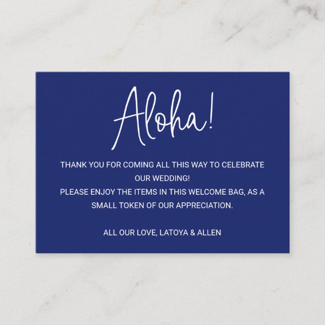 Aloha Hawaii Wedding Blue Welcome Gift Bag Basket Place Card (Front)