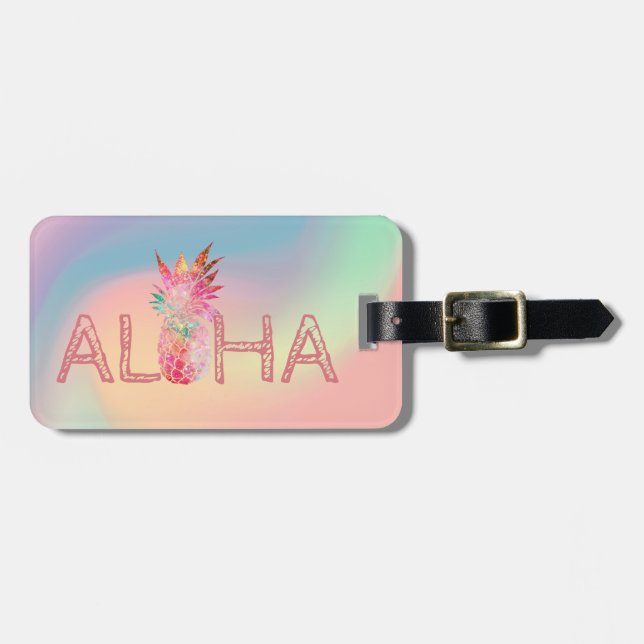 Aloha Hawaiian Colourful Pineapple Holographic Luggage Tag (Front Horizontal)